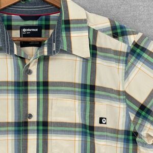 Marmot Plaid Button Down Shirt Green Blue Organic Cotton Gorpcore Hiking L